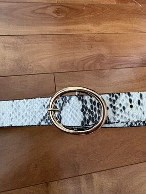 Zara White and Black Snake-Print Belt with Gold Oval Buckle
